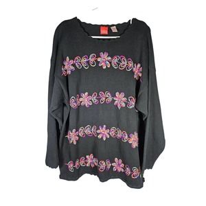 Liz & Co Knit Pullover Sweater 90's Y2K Black Large Embroidered Flowers Colorful